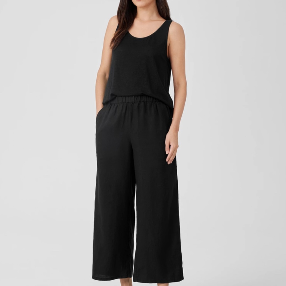 Black Eileen Fisher Organic Linen Wide-Leg Pants